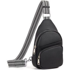 💫 Women Black Leather Fanny Pack Small Vegan Chest Guitar Strap Crossbody Bag